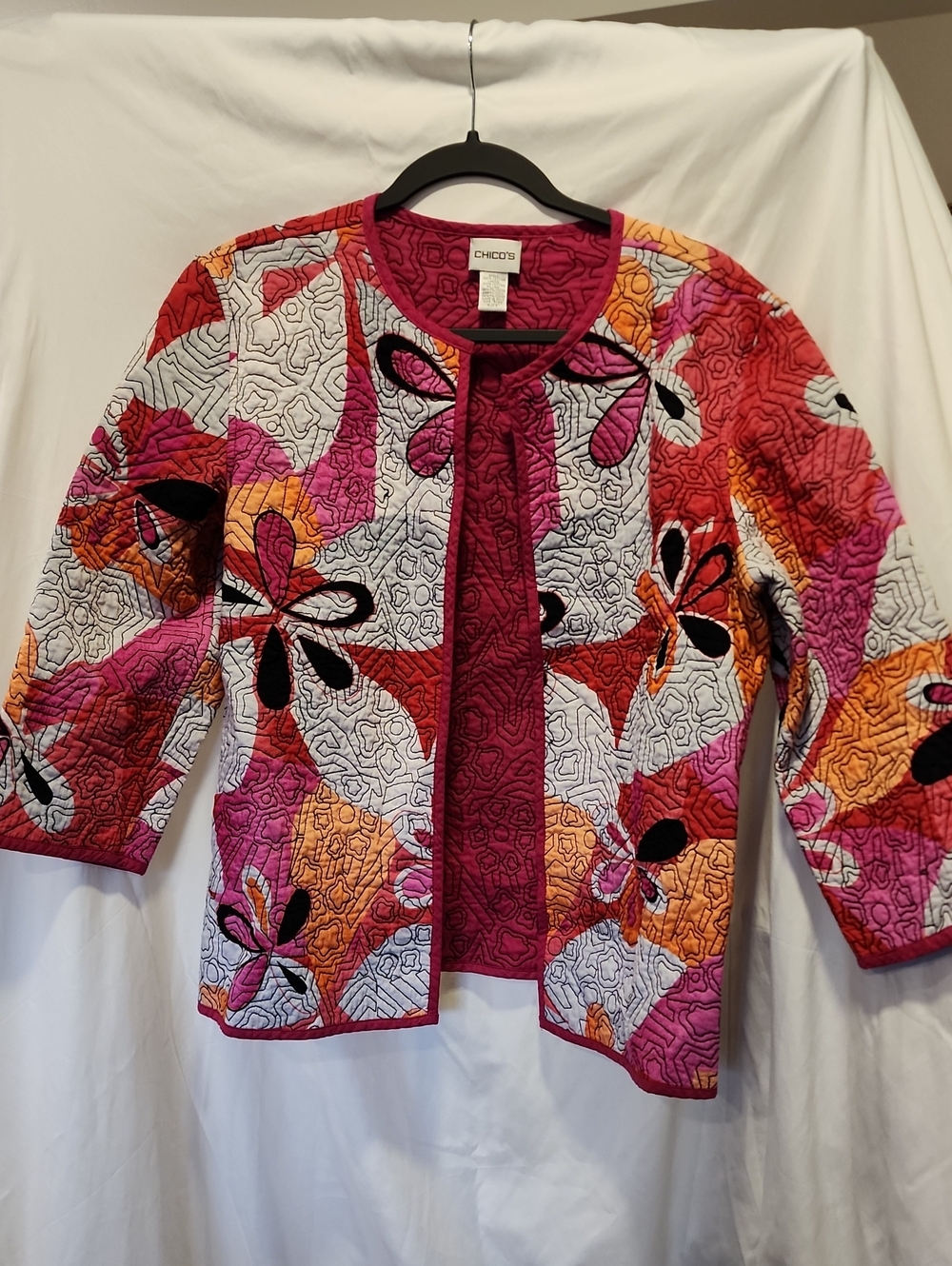 Chico's Heritage Floral Quilted Reversible Jacket in Pink, Orange & Black